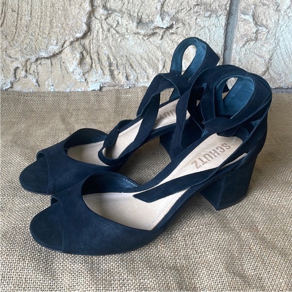 SCHUTZ Kelma Black Suede Leather Ankle Tie Wrap Block Heel Sandals Size 6 1/2 B - Picture 1 of 11